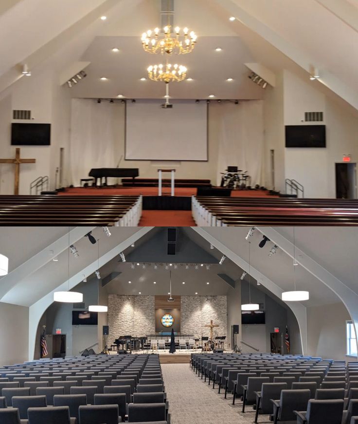 an empty church with pews and chandeliers