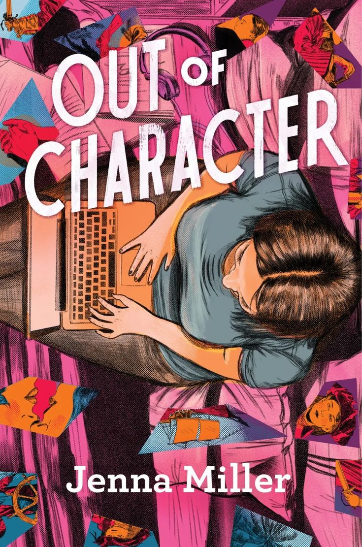 a book cover for out of character with an image of a woman typing on a laptop