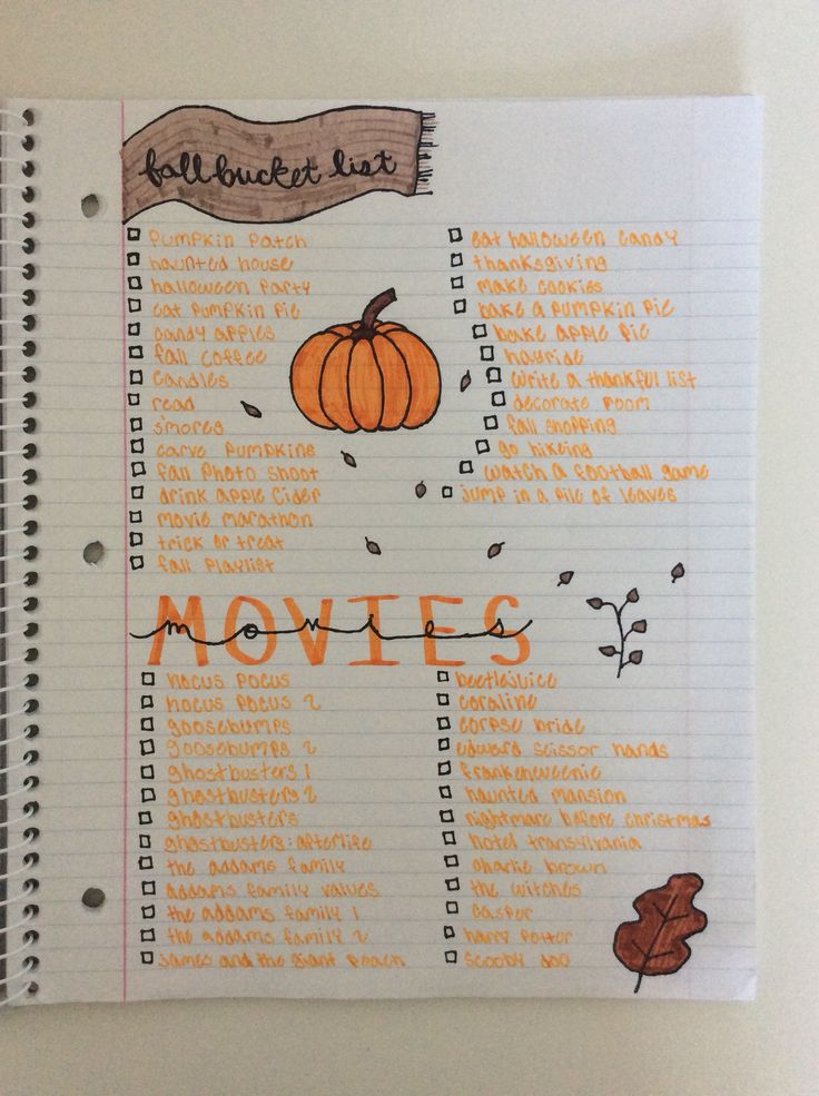 an open notebook with the words movies written in orange on it and a fall themed list