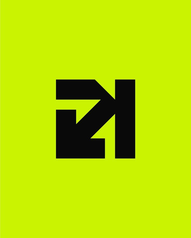 the letter k is made up of black letters on a lime green background with an arrow