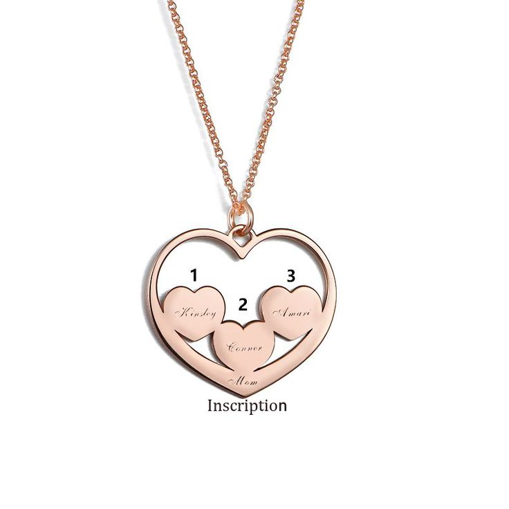 This beautiful piece comes with 3 heart shape charm, each with a name to match. Treat her to an adorable mom necklace and help keep thoughts of her children close to her heart. Mother deserves the best!Chain Type: O-chainMaterial: Copper Personalized Heart Pendant Jewelry For Gifts, Personalized Heart Jewelry For Personalized Gift, Personalized Heart Pendant Jewelry Gift, Personalized Jewelry Heart Pendant For Personalized Gift, Heart-shaped Personalized Jewelry, Personalized Heart Pendant Jewelry With Name, Rose Gold Name Engraved Heart Pendant Jewelry, Rose Gold Heart Pendant With Name, Rose Gold Heart Pendant Jewelry With Name