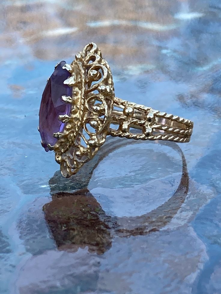 ~ Vintage, 14K Gold, Victorian Amethyst Ring. Ring Size 7, Weighs Approximately 6.57 Grams On My Scale. This Exquisite Victorian Ring Is Even More Stunning In Person. With A Large 12mm Amethyst Stone In The Middle. In Excellent Condition. ~ Due To The Unique Nature Of Antiques & Vintage Items, They Are Being Sold As Is. Please Keep In Mind, That Most Of All Antiques & Vintage Items Will Show Wear & Imperfections Consistent With Their Age And Use. Please Look At The Pictures Provided Fine Jewelry Amethyst Ring Stamped 14k, Formal Amethyst Pear-shaped Ring, Heirloom Amethyst Ring With Center Stone In 14k Gold, 14k Stamped Purple Amethyst Ring, Heirloom 14k Gold Amethyst Ring With Center Stone, Purple 14k Stamped Ring, Purple Pear-shaped Ring With Prong Setting, Heirloom Style Purple Amethyst Collectible Ring, Heirloom Purple Amethyst Collectible Ring