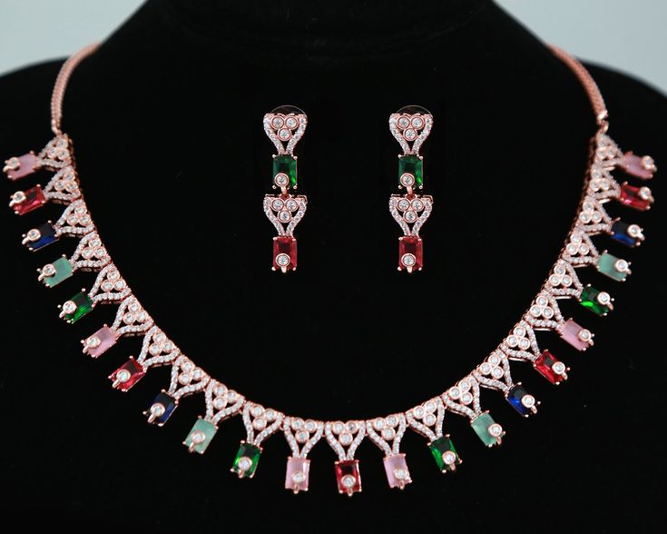 Luxury Look American Diamond CZ color stone necklace earring set in Rose-gold plating. Multicolor Fine Jewelry For Party, Stone Necklace Designs, American Diamond Necklace Set, Green Statement Necklace, American Diamond Necklaces, Diamond Wedding Jewelry, Big Necklace, Diamond Necklace Set, Cz Jewelry