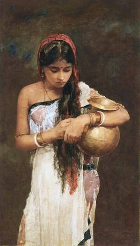 a painting of a woman holding a pot and looking down at the ground with her hands