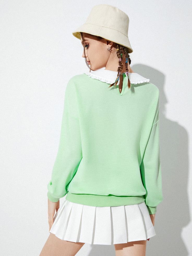 Solid Color Fungus Doll Collar Long Sleeve Casual Sweatshirt Collared Tops For College In Spring, Green Long Sleeve Top With Ribbed Collar, Green Long Sleeve Tops With Ribbed Collar, Preppy Long Sleeve Tops For College, Oversized Green Tops With Ribbed Collar, Spring Green Top With Ribbed Collar, Green Tops With Ribbed Collar, Spring Long Sleeve Top With Ribbed Collar, Long Sleeve Tops With Ribbed Collar For Spring