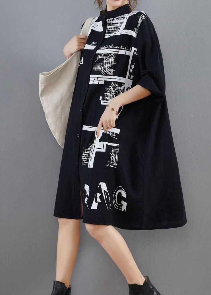 Beautiful Stand Collar Spring Tunic Dress Black Print Loose Dress ( Limited Stock) - Omychic Comfortable Room, Loose Dress, Cup Size, Limited Stock, Spring Dresses, Black Print, Dress Fabric, Tunic Dress, Stand Collar