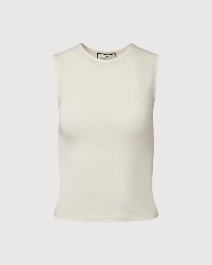 White White Sleeveless Elastane Tank Top, White Sleeveless Tank Top With Minimal Stretch, Spring High Stretch Crew Neck Tank Top, High Stretch Crew Neck Tank Top For Spring, White Sleeveless Tank Top, White Minimal Stretch Sleeveless Top, White Sleeveless Top With Minimal Stretch, Classic Stretch Crew Neck Tank Top, Summer Everyday Elastane Tank Top