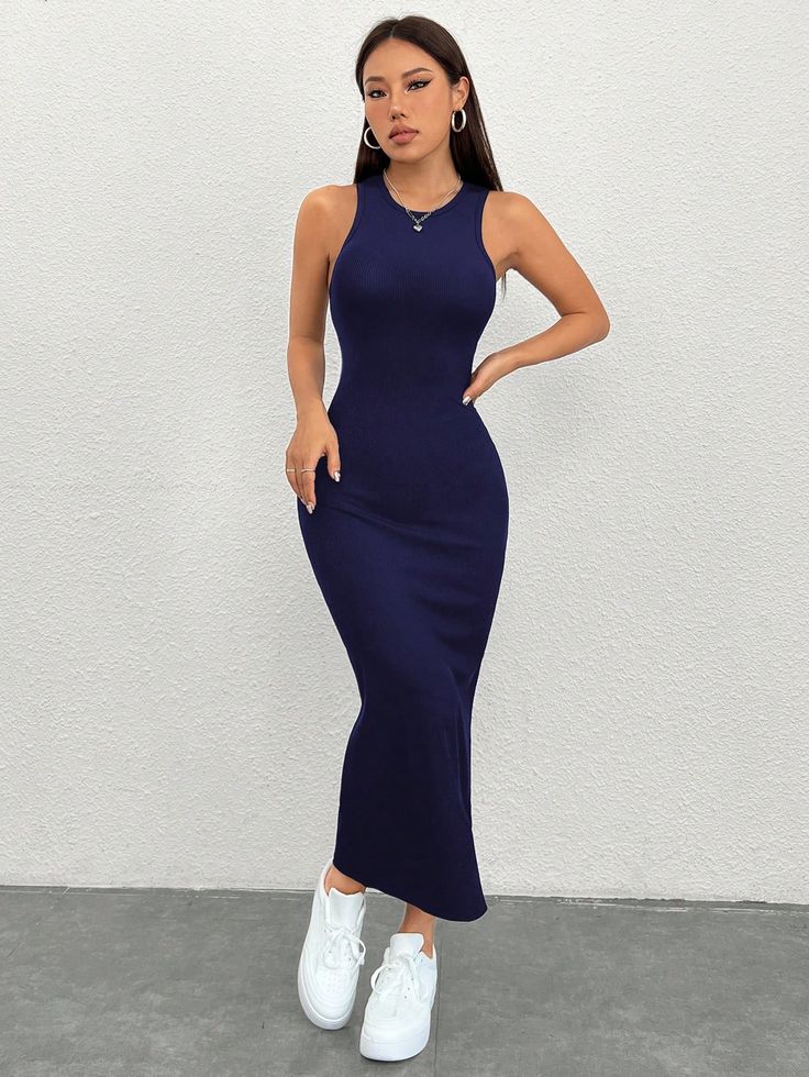 Women's Solid Color Crew Neck Bodycon Sleeveless Summer Dress Navy Blue Casual  Sleeveless Fabric Plain Tank Slight Stretch Summer Women Clothing, size features are:Bust: ,Length: ,Sleeve Length: Body Con Dress Outfit, Sleeveless Summer Dress, Color Crew, Body Con Dress, Sleeveless Dress Summer, Vestido Casual, Women Long Dresses, Navy Blue Dresses, Dress P