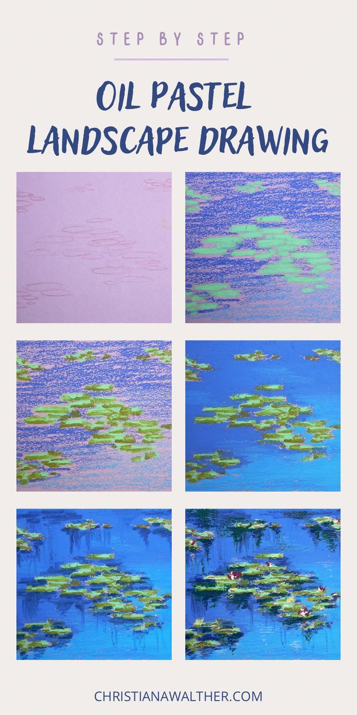 six step by step pictures of a water lily scene. text says "step by step oil pastel landscape drawing" Oil Pastel Water Drawing, Easy Impressionist Paintings, Drawing Coloring Tutorial, Water Landscape Drawing, Landscape Ideas Oil Pastel, Crayola Oil Pastel Art, Oil Pastel Art Tips, Oil Pastel Tricks, Claude Monet Oil Pastel