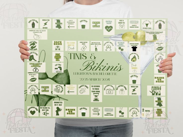 a woman holding up a poster with the names of things to drink in it and pictures on it