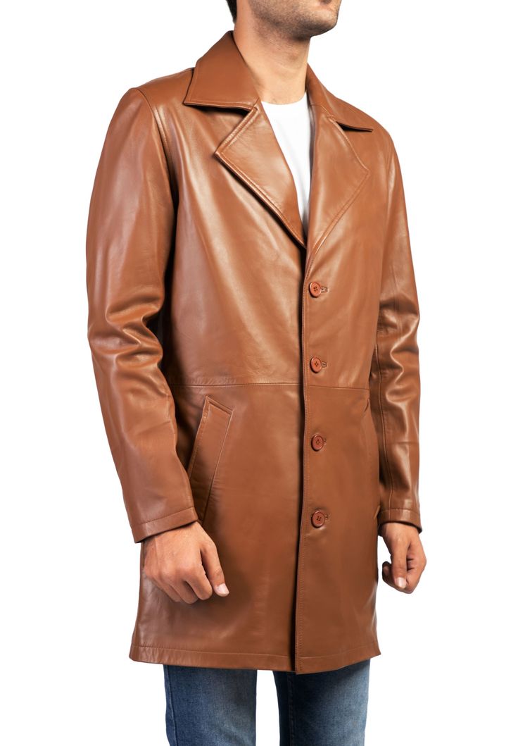 Specification Material: Real Leather Style: Trench Coat Color: Black Lining: Polyester Closure: Front Button Collar: Lapel Collar Outside Pockets: two pockets Cuffs: open hemp cuff Brown Single Breasted Pea Coat With Lapel Collar, Classic Brown Pea Coat With Hidden Button Closure, Brown Single Breasted Outerwear With Lapel Collar, Classic Brown Pea Coat With Hidden Buttons, Classic Brown Pea Coat With Lapel Collar, Brown Single-breasted Outerwear With Lapel Collar, Brown Business Outerwear With Double Button Closure, Classic Brown Pea Coat With Button Closure, Business Leather Outerwear With Spread Collar