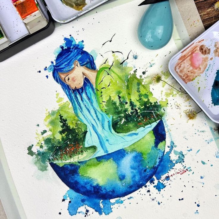 a watercolor painting of a woman sitting on top of a globe with trees in it