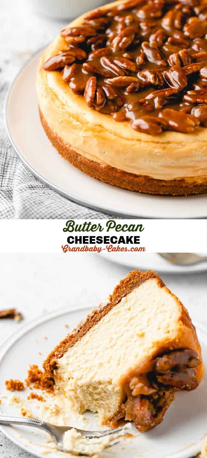 two pictures of a cheesecake with pecans on top