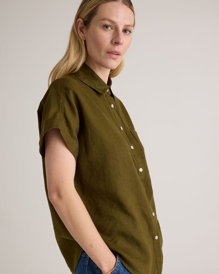 Survive summer without breaking a sweat in our 100% European Linen Camp Shirt. Made from premium European linen, this lightweight, breathable shirt helps keep you cool on those warm, sunny days. With its relaxed fit and classic details, it can flex for both casual outings and more dressed-up occasions. Crafted for durability, this timeless shirt is destined to become a wardrobe essential for years to come.  | Quince | Women's 100% European Linen Camp Shirt in Martini Olive, Size Large Relaxed Summer Top In Solid Color, Relaxed Summer Tops In Solid Colors, Summer Green Shirt For Daywear, Solid Color Relaxed Fit Camp Shirt For Spring, Green Shirt For Summer Daywear, Casual Cotton Tops For Warm Weather, Relaxed Fit Khaki Beach Shirt, Relaxed Fit Khaki Shirt For Beach, Relaxed Style Summer Top