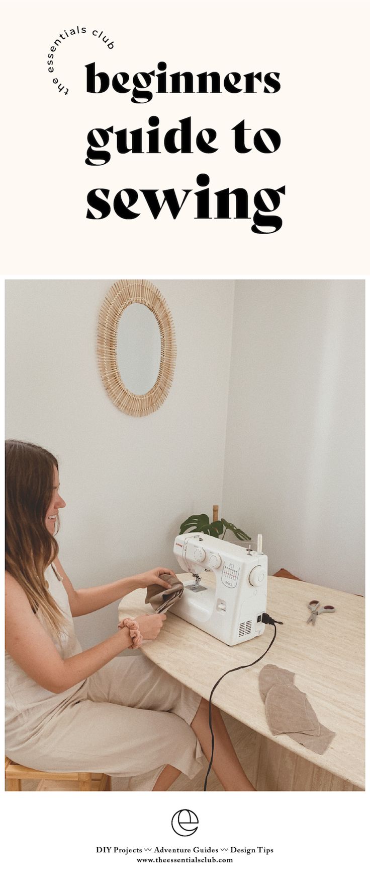 a woman sitting at a table using a sewing machine with the words beginners guide to sewing on it