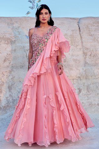 Shop for Nikita Vishakha Pink Jacquard Ruffled And Layered Lehenga Saree Set for Women Online at Aza Fashions Spaghetti Blouse, Layered Lehenga, Ruffle Lehenga, Ruffle Dupatta, Saree Gowns, Stylish Saree, Draped Saree, Ruffle Saree, Boutique Dress Designs