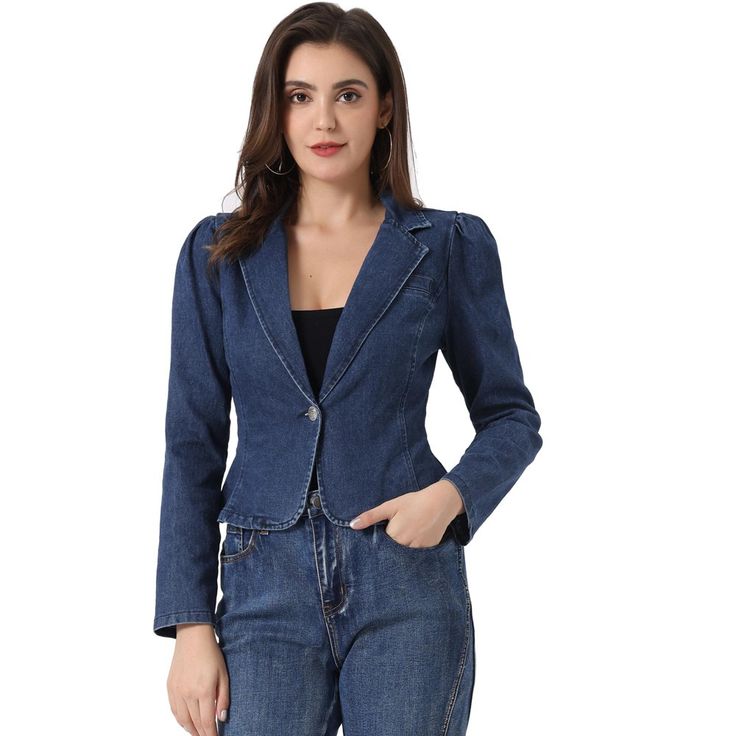 This notched lapel collar adds a stylish and structured element to this denim blazer. This jean jacket features a timeless denim fabric, giving it a classic and versatile look. It elevates the overall look and creates a more tailored and polished appearance. It can be worn over dresses, paired with skirts or pants, or even layered under coats for added warmth. Spring Formal Denim Blazer, Notch Lapel Denim Jacket For Workwear, Formal Denim Blazer For Spring, Classic Single Breasted Denim Blazer, Fitted Denim Blazer With Lapel Collar, Tailored Denim Blazer With Button Closure, Classic Denim Button-up Blazer, Spring Slim Fit Blazer With Button Closure, Classic Single-breasted Denim Jacket With Notch Lapel