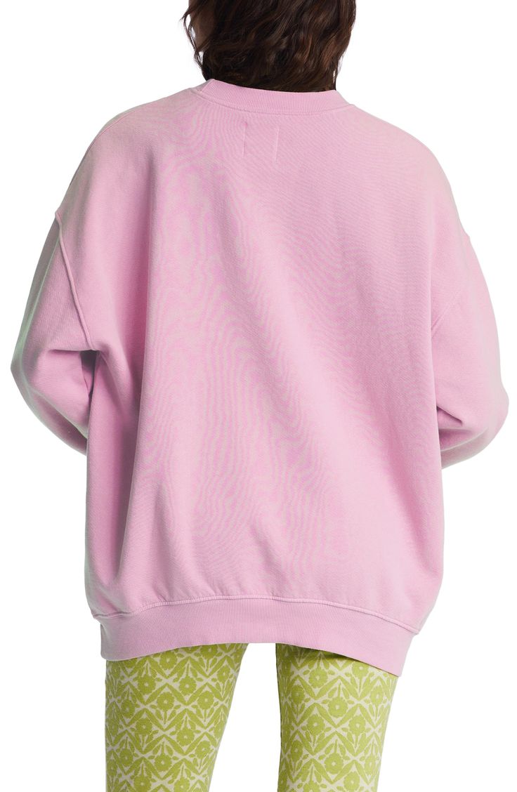 A tropical sun-faded graphic gives vacay vibes to this relaxed-fit crewneck sweatshirt cut from a cozy cotton-blend fabric. 29 1/2" length (size Medium) Crewneck 80% cotton, 20% polyester Machine wash, tumble dry Imported Pink Cotton Sweatshirt With Ribbed Collar, Oversized Sweatshirt With Elastic Cuffs For Streetwear, Boxy Fit Crew Neck Sweatshirt For Spring, Crew Neck Sweats With Letter Print For Spring, Streetwear Sweats With Elastic Cuffs And Long Sleeves, Oversized Graphic Print Sweater In Athleisure Style, Pink Crew Neck Sweatshirt With Ribbed Collar, Cotton Crew Sweats For Spring, Trendy Crew Sweats For Spring