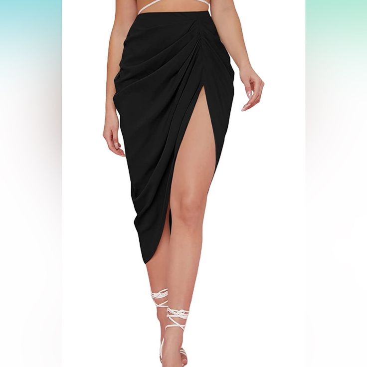 Split Thigh Front Satin High Waist Ruched Zip Back Bodycon Midi Skirt Never Worn Twist Skirt Outfit, Black Draped Bottoms For Evening, Elegant Draped Bottoms With Ruched Sides, Elegant Black Draped Bottoms, Pleated Skirt For Date Night, Lined Draped Skirt For Evening, High Waist Ruched Mini Skirt For Night Out, Chic High-waist Ruched Skirt, Black Draped Bottoms For Night Out