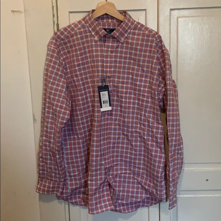 Vineyard Vines Murray Button Down Shirt, Never Been Worn, Size Large, Tag Attached Plaid Shirt For Business Casual In Spring, Pink Shirt For Business Casual In Spring, Pink Cotton Shirt With Placket, Plaid Tops For Business Casual In Spring, Casual Pink Button-up Shirt, Pink Long Sleeve Preppy Shirt, Pink Button-up Shirt With Placket, Pink Casual Shirt With Button Closure, Casual Pink Shirt With Button Closure