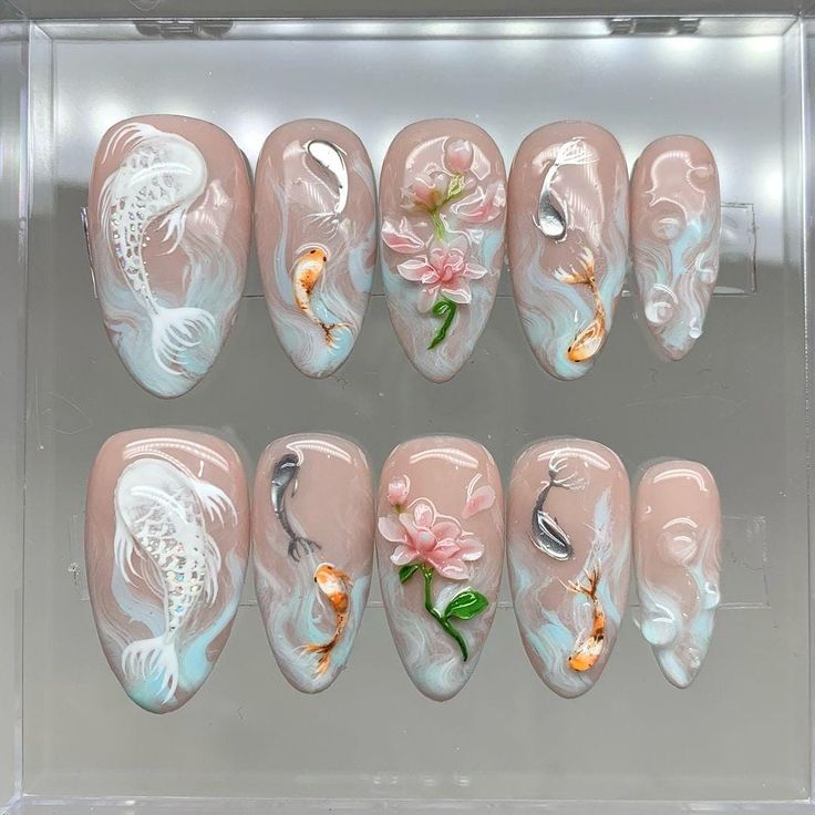 Koi Nails, Floral Acrylic Nails, Strawberry Nail Art, Ideas Uñas, Nail Store, Fantasy Nails, Girly Acrylic Nails, Nail Box, Nail Art Ombre