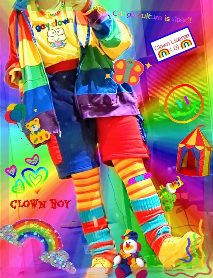 clowncore, rainbow, clothes Vintage Kidcore Outfits, Neon Kidcore Outfit, Neon Core Outfit, Masc Clowncore Outfits, Weird Core Cosplay, Colorful Clown Outfit, Clowncore Outfit Ideas, Clown Core Clothes, Neoncore Outfits