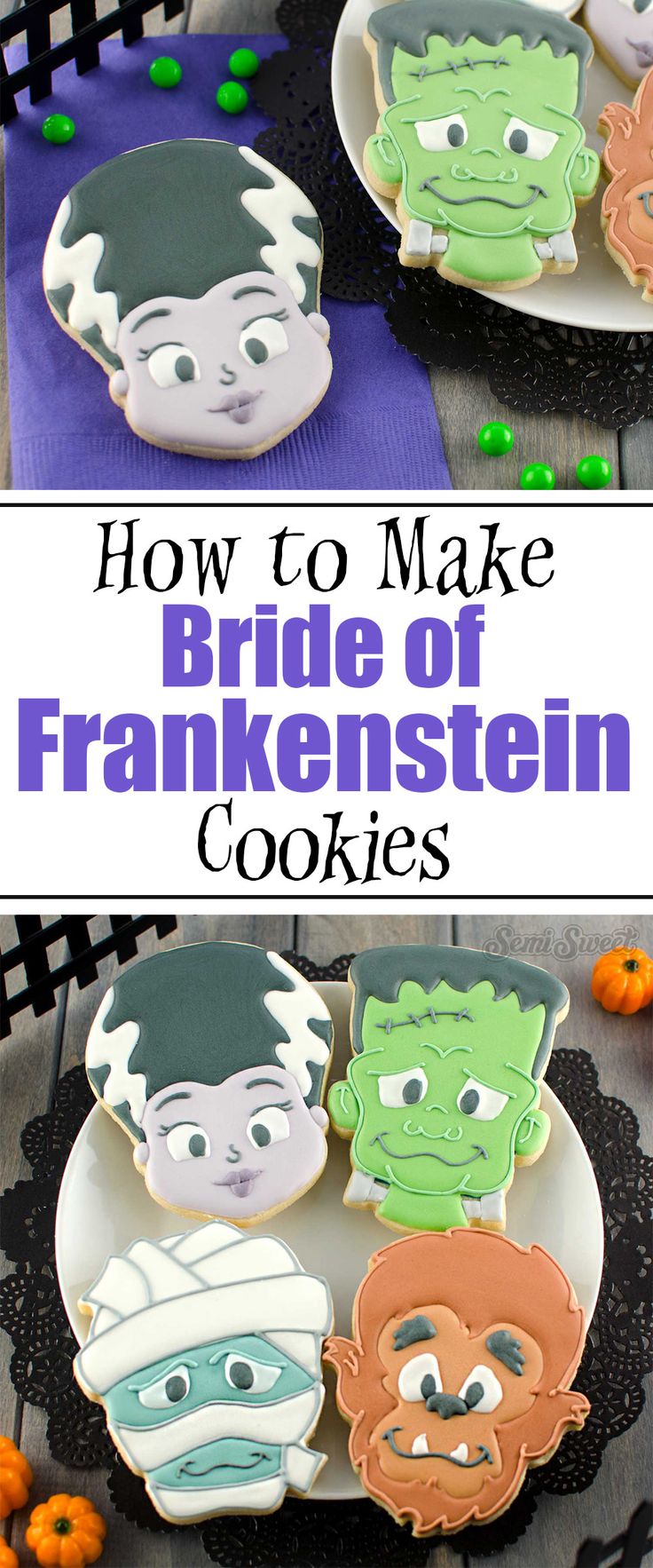 halloween cookies with the words how to make bride of frankensten cookies on them