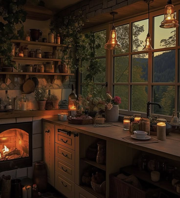 a kitchen filled with lots of counter top space next to a fire in the oven