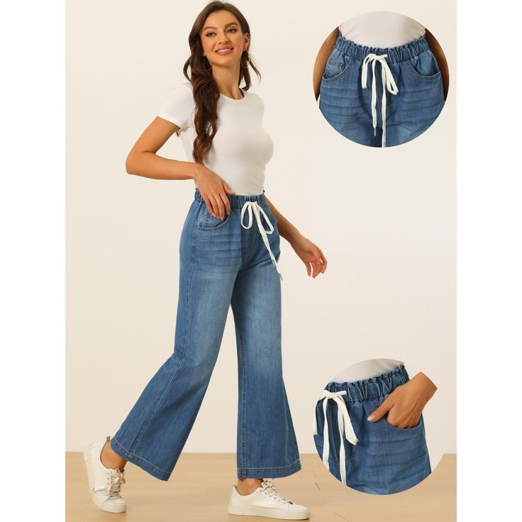 This jeans is made up of several design points: denim fabric, drawstring elastic waist, two side pockets, wide legs pants. These denim pants have classic 2 pockets, which is enough for daily use, and these baggy jeans are very friendly to any kind of body curve. The solid color design makes these jeans easy to match and versatile. These denim jeans are great for casual, streetwear, office, dating, daily wear, holiday, weekend, workwear, picnic outdoors, and travel. Relaxed Fit Wide Leg Jeans With Drawstring, Wide Leg Cotton Jeans With Drawstring, Cotton Wide-leg Jeans With Drawstring, Wide Leg Denim Jeans With Drawstring, Wide-leg Denim Jeans With Drawstring, Wide Leg Denim Bottoms With Drawstring, Wide-leg Denim Bottoms With Drawstring, High Rise Denim Jeans With Drawstring, Denim Blue Jeans With Drawstring For Spring