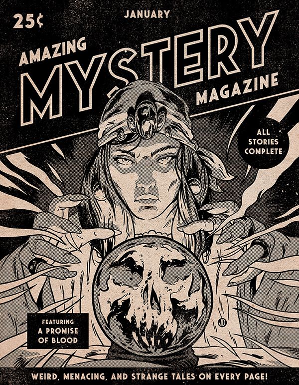 an advertisement for mystery magazine with a woman holding a skull in front of her face