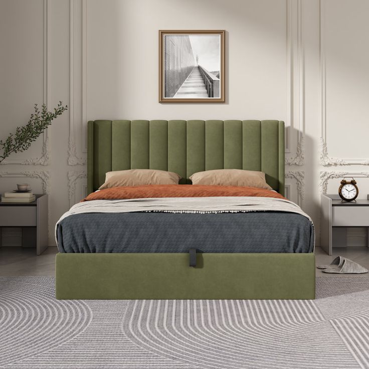 a bed with a green headboard sitting in a bedroom