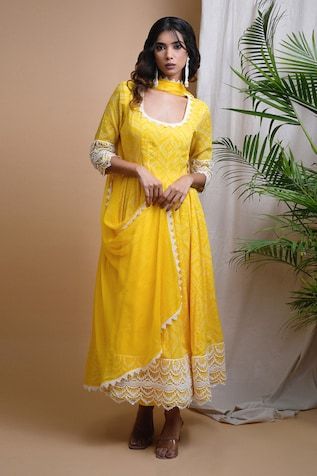 Yellow anarkali with all over digitally printed bandhani and placement white lace detailing. Paired with a straight palazzo and dupatta with lace detailed border. - Aza Fashions Designer Semi-stitched Anarkali Set With Bandhani Print, Yellow Anarkali Set With Bandhani Print, Anarkali Churidar With Bandhani Print, Eid Bandhani Print Anarkali Set With Traditional Drape, Eid Bandhani Print Anarkali Set, Eid Bandhani Anarkali Set With Traditional Drape, Bollywood Style Bandhani Churidar For Wedding, Bandhani Print Anarkali Set With Straight Kurta For Wedding, Anarkali Bandhani Print Dupatta For Designer Wear