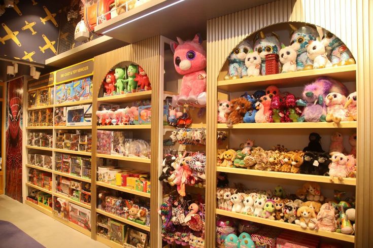 shelves filled with lots of different kinds of stuffed animals