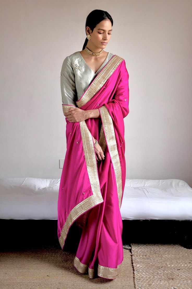 Hot pink handwoven silk satin saree with butti pattern pearl hand embroidery and gota lace work border.
Components: 1
Pattern: Hand Embroidered and Embellished
Type Of Work: Pearl and Gota Lace Work
Fabric: Silk Satin
Color: Pink
Other Details: 
Note: The stitched blouse worn by the model is not for sale
Disclaimer: The fabric, color and texture of the final garment might have slight variations from the studio images and we use only handwoven fabrics
Occasion: Wedding,Mehendi and Haldi - Aza Fas Wedding Mehendi, Cotton Sarees Handloom, Studio Images, Satin Hands, Saree For Women, Embroidered Saree, Satin Saree, Embellished Blouse, Handwoven Fabric