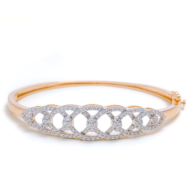 This exquisite 18k rose gold bangle bracelet, weighing 10.2 grams, features a stunning tapered design adorned with dazzling diamonds. The rose gold finish enhances its luxurious appeal, making it perfect for any special occasion. The bangle is set with 0.90 carats of F-G color, VS quality diamonds in round brilliant cut shapes. With an oval opening of 2.25 inches, this piece offers both elegance and comfort. The bangle is openable, designed with a push snap lock and clasp for added convenience. Diamond Bangle In Rose Gold With Pave Setting, Rose Gold Diamond Bangle With Pave Setting, Rose Gold Bangle With Single Cut Diamonds, Rose Gold Bangle With Pave Setting, Rose Gold Brilliant Cut Bangle For Weddings, Rose Gold Wedding Bangle With Diamond Accents, Wedding Rose Gold Bangle With Brilliant Cut, Wedding Rose Gold Brilliant Cut Bangle, Rose Gold Diamond-accented Bangle Bracelet