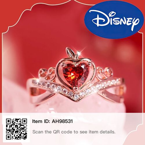 a red heart shaped diamond ring on top of a pink background with qr code to see item details