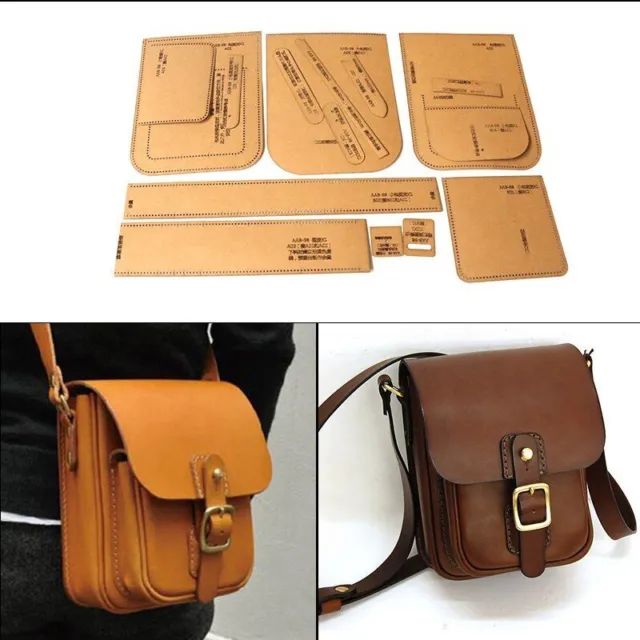 several different types of leather bags with tags on the front and back, one is brown