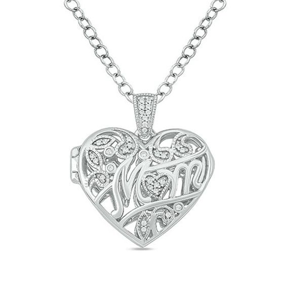 Mom will love this sparkling vintage-inspired diamond open-filigree locket pendant. Crafted in sterling silver, this design shimmers with the word "mom" along the front. The cutout paisley pattern and letter "o;" shaped as a heart, dazzle with diamonds. The locket opens to reveal space for a small photo or memento. Intricate milgrain details lend heirloom appeal. Radiant with 1/10 ct. t.w. of diamonds and a brilliant buffed luster, this hinged pendant suspends from a diamond and milgrain bail al Elegant Charms Locket Necklace For Mother's Day, Elegant Engraved Locket Necklace For Mom, Elegant Engraved Locket Necklace As Gift For Mom, Elegant Engraved Locket Necklace Gift For Mom, Elegant Heart Cut Locket Necklace For Mother's Day, Elegant Heart Shaped Filigree Locket Necklace, Elegant Locket Necklace With Charms For Anniversary, Elegant Filigree Heart Pendant Locket Necklace, Elegant Heart Pendant Locket Necklace With Filigree