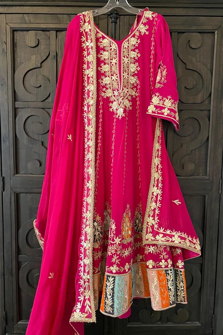 Hot Pink Embroidered Silk Anarkali Dress at PinkPhulkari California Silk Anarkali Dress, Phulkari Pants, Lucknowi Kurta, Silk Churidar, Patiala Salwar Suits, Silk Anarkali, Bridal Dupatta, Phulkari Dupatta, Chikankari Suits