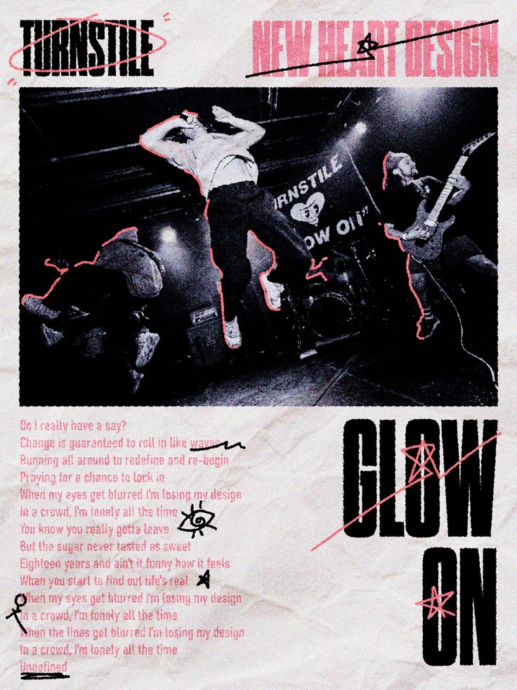 an advertisement for glow on with two men playing guitar and another man standing in the background