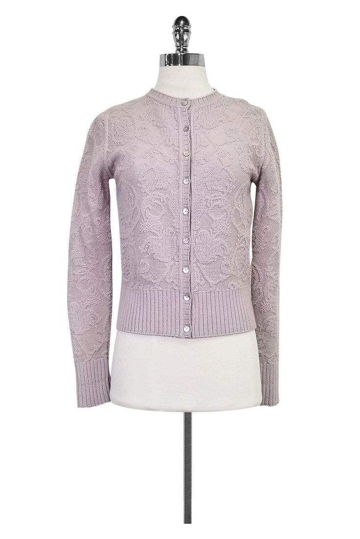 Current Boutique-Valentino - Periwinkle Button-Up Cardigan Sz 4 Feminine Fitted Cardigan For Daywear, Elegant Button-up Sweater For Daywear, Elegant Fitted Sweater For Daywear, Elegant Fall Sweater For Daywear, Elegant Fitted Formal Sweater, Fitted Long Sleeve Feminine Cardigan, Elegant Spring Sweater For Daywear, Feminine Fitted Cardigan For Layering, Feminine Fitted Long Sleeve Cardigan