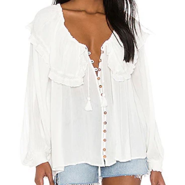 Oversized Small See Measurements Beautiful Boho Peasant Flowy White Top Msrp 68 Nwt Bundle To Save Off White V-neck Top For Daywear, Off White Long Sleeve Bohemian Blouse, Summer Long Sleeve Tops For Brunch, White Button-up Top For Vacation, White Button-up Summer Blouse, Bohemian Button-up Blouse For Vacation, Feminine Button-up Blouse For Vacation, Bohemian Button-up Beach Tops, Bohemian Long Sleeve Shirt For Day Out