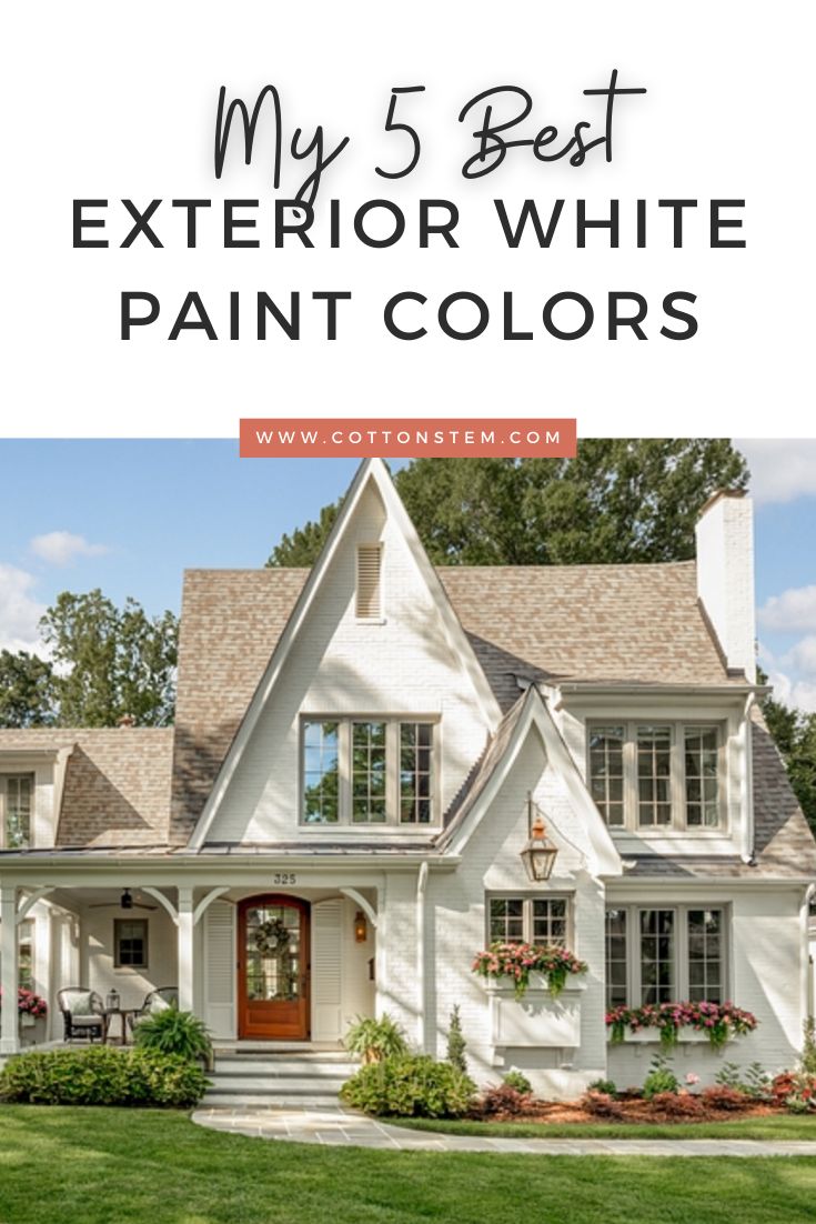 a white house with text overlay that says my 5 best exterior white paint colors