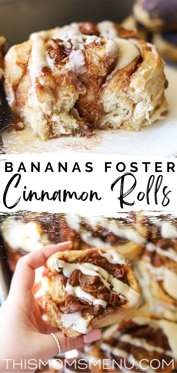 banana fosterer cinnamon rolls with icing on top and in the background, there is a hand holding one