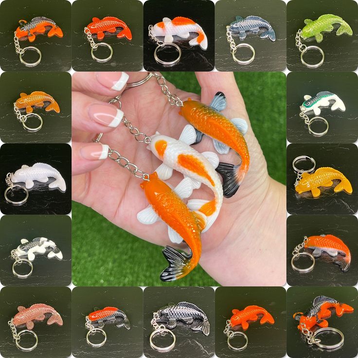 several different types of key chains in various colors and sizes, including goldfishs