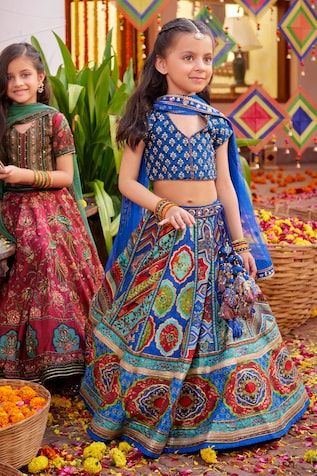 Royal blue and multi cored attached cancan lehenga with all-over floral Mughal patters. Comes with floral pattern, beads and sequin work blouse and pink dupatta. - Aza Fashions Blue Bohemian Choli For Designer Wear, Blue Meenakari Sets For Festive Occasions, Blue Anarkali Set With Meenakari, Blue Meenakari Sets For Diwali, Festive Meenakari Dresses For Festivals, Blue Meenakari Anarkali Set For Festivals, Blue Anarkali Set With Meenakari For Festivals, Blue Bollywood Meenakari Sets, Blue Meenakari Sharara For Navratri