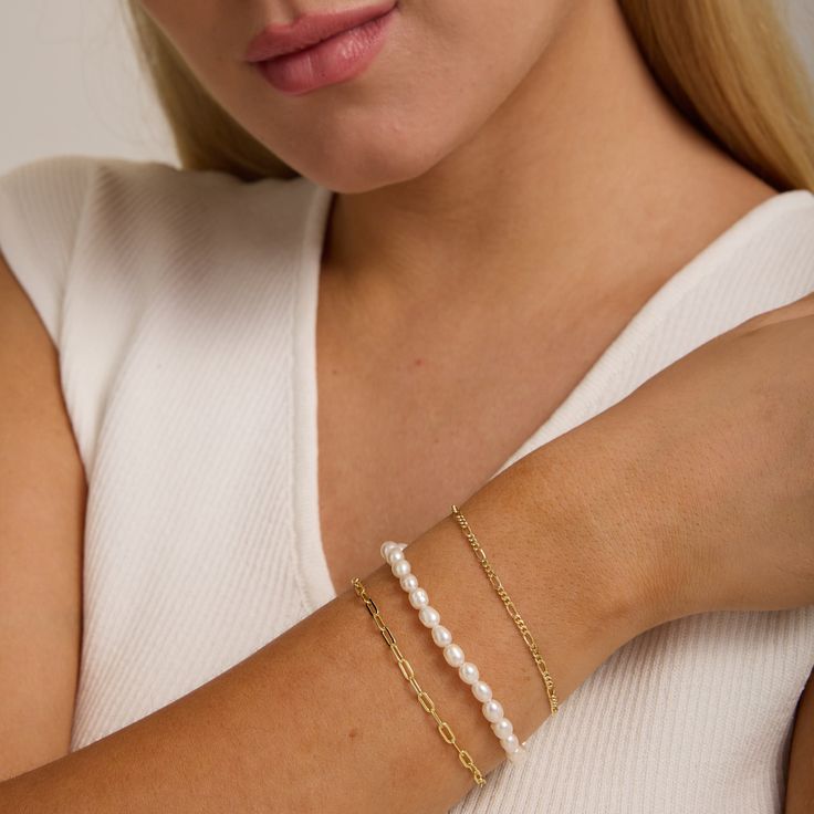 *Buy 2 items, Get 15% OFF your order. Coupon applied at checkout.* Have fun with our classic pearl bracelet. Perfect for that special occasion such as a birthday or wedding. Our timeless pearl bracelet elevates any day or night look. - Fresh water pearls, 18K gold vermeil - Bracelet width: 4.6mm - Adjustable size. Fits wrist sizes 6 - 8 inches. - Waterproof / Tarnish resistant / Hypoallergenic - 1 Year warranty All jewelry is handmade by hand from Heart Made of Gold. Style with our Pearl Strand Classic Pearl Charm Chain Bracelet For Wedding, Elegant Pearl Bracelet With Extender As Gift, Elegant Pearl Bracelet With Extender For Gift, Classic Pearl Bracelet With Extender, Elegant Adjustable Chain Bracelet For Mother's Day, Pearl Charm Bracelet For Wedding, Elegant Pearl Charm Bracelet For Wedding, Elegant Pearl Bracelet With Extender, Classic Pearl Bracelet With Extender For Gift