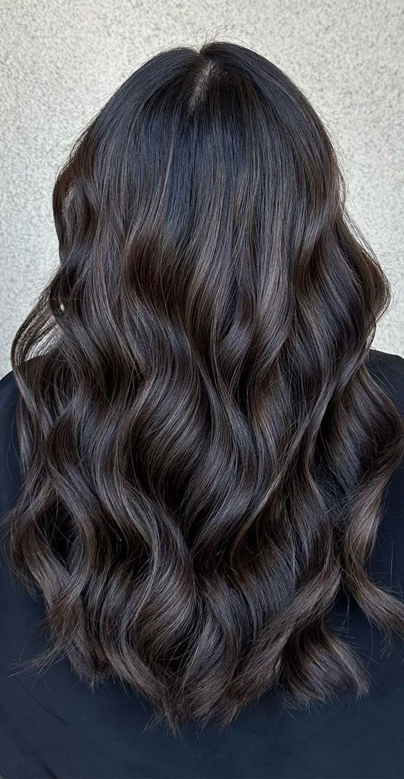 Black Hair Dark Brown Balayage, Balayage Hair On Black Hair Short, Brown Hair With Black Shadow Root, Coffee Highlights On Dark Hair, Soft Black Balayage, Cool Tone Brown Highlights On Black Hair, Soft Balayage Black Hair, Black Coffee Hair Color, Bleach Free Balayage Dark Hair