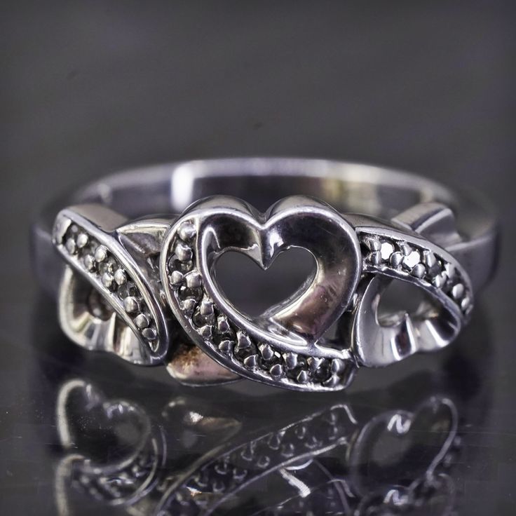 Size 7, vintage sterling silver 925 statement hearts ring with diamonds, stamped 925 Silver Heart-shaped Engraved Promise Ring, Vintage Heart Cut Diamond Ring, Silver Couple Rings For Valentine's Day Anniversary, Vintage Sterling Silver Rings With Diamond Accents, Vintage Sterling Silver Rings For Anniversary, Classic Silver Heart Ring With Diamond Accents, Vintage Sterling Silver Anniversary Rings, Silver Engraved Ring With Diamond Accents In Sterling Silver, Classic Silver Heart Promise Ring