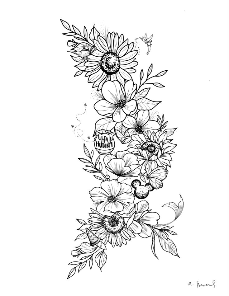 Floral Disney Sunflower Tattoo, Disney Inspired Tattoos Ideas, Todd And Copper Tattoo, Women Disney Tattoos, Alternative Disney Tattoo, Disney Thigh Tattoos For Women, Floral Disney Tattoo Sleeve, Mickey Flower Tattoo, Floral Tattoo Ideas Female